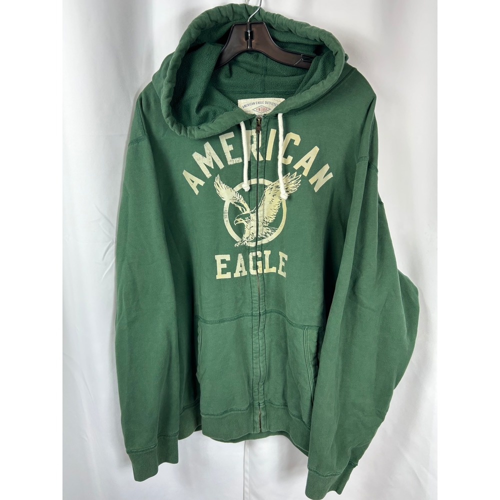 American Eagle Vintage Green Graphic Full Zip Hoodie Fleece Sweatshirt XXXL